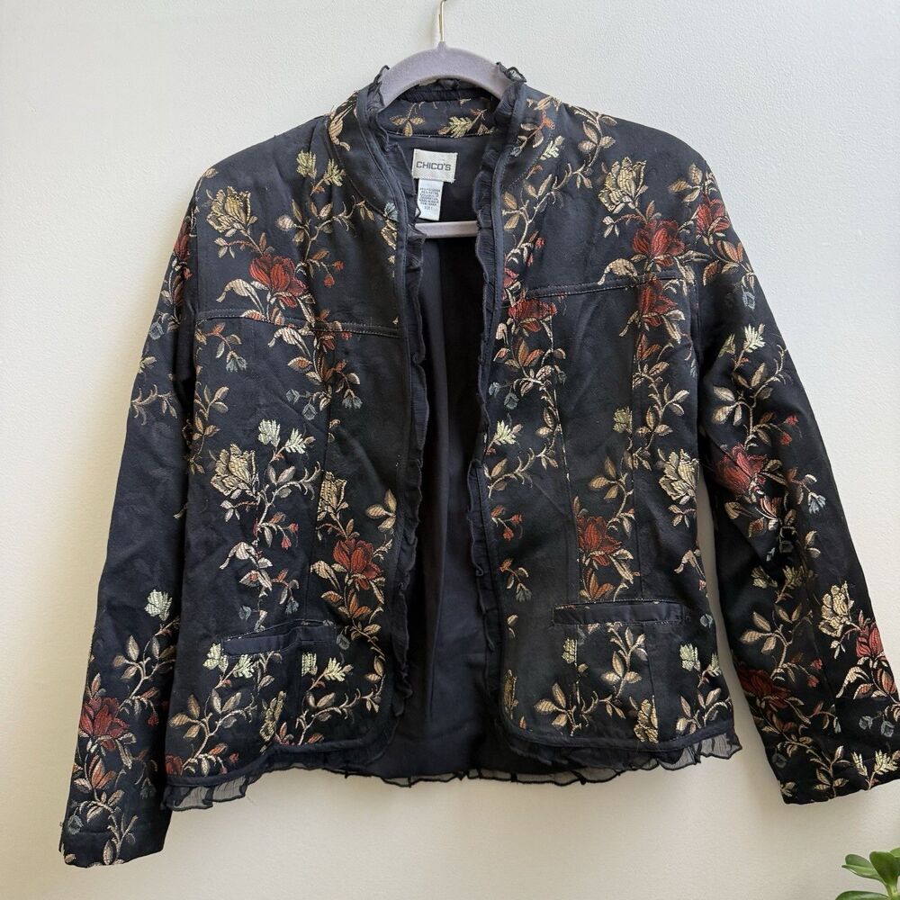 Chico's Black Satin Brocade Tapestry Chiffon Trim Jacket w/Pockets  Size 1 (M)